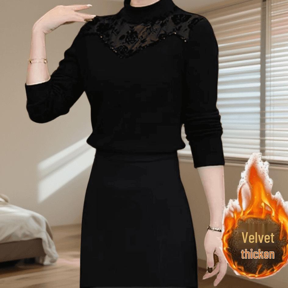 Women's Winter Lace Patchwork Plush Base Layer Top – Stylish, Slimming, Warm, and Fashionable.