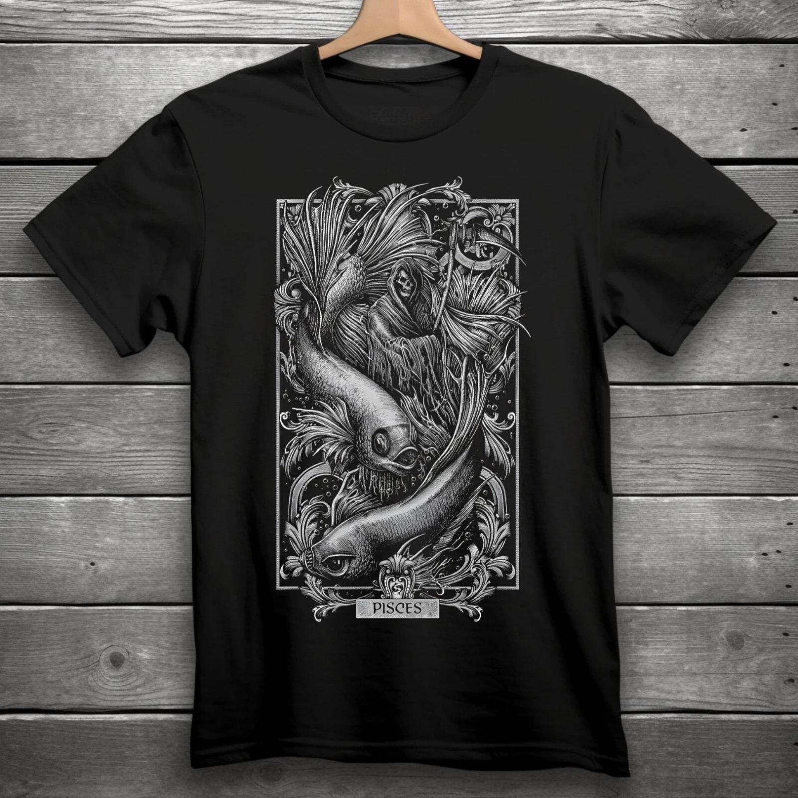 Pisces Zodiac Sign Goth Skull Unisex Black T-Shirt S-3XL XS