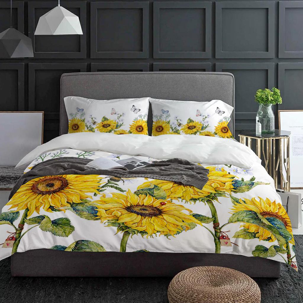 Sunflower Flower Butterfly Bee White Duvet Cover With Pillow Case Custom 3pcs Bedding Set Quilt Cover Double Bed Home Textile