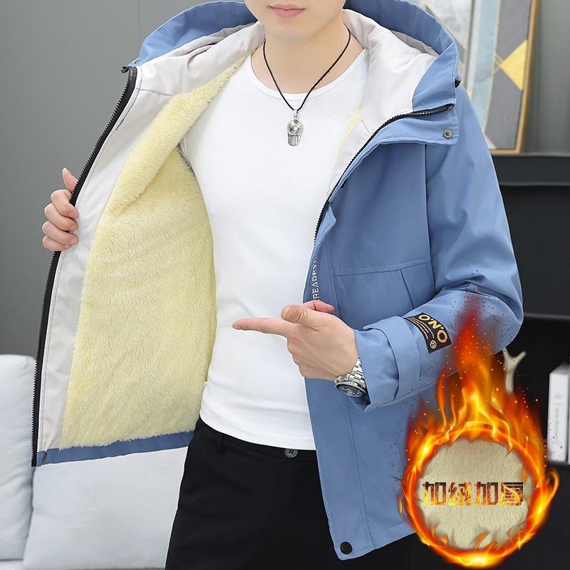 Tooling jacket men's autumn and winter fleece thickened handsome hooded jacket trendy windproof casual teen pie overcome