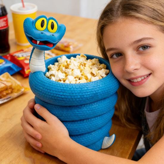 Contenitore per popcorn riutilizzabile, grande capacità, portatile, stampato in 3D, a forma di serpente blu, per snack e popcorn, regalo da collezione per gli appassionati di film di cartoni animati