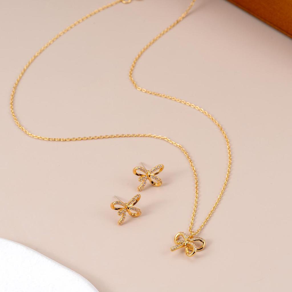 18k Gold-Plated Bow Pendant Necklace & Moissanite Earring Set