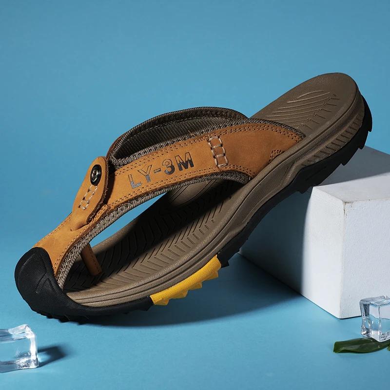 Fashion Genuine Leather Men Flip Flops Outdoor Thick Bottom Beach Shoes Comfortable Men Summer New Male Slides Luxury  Slippers Man