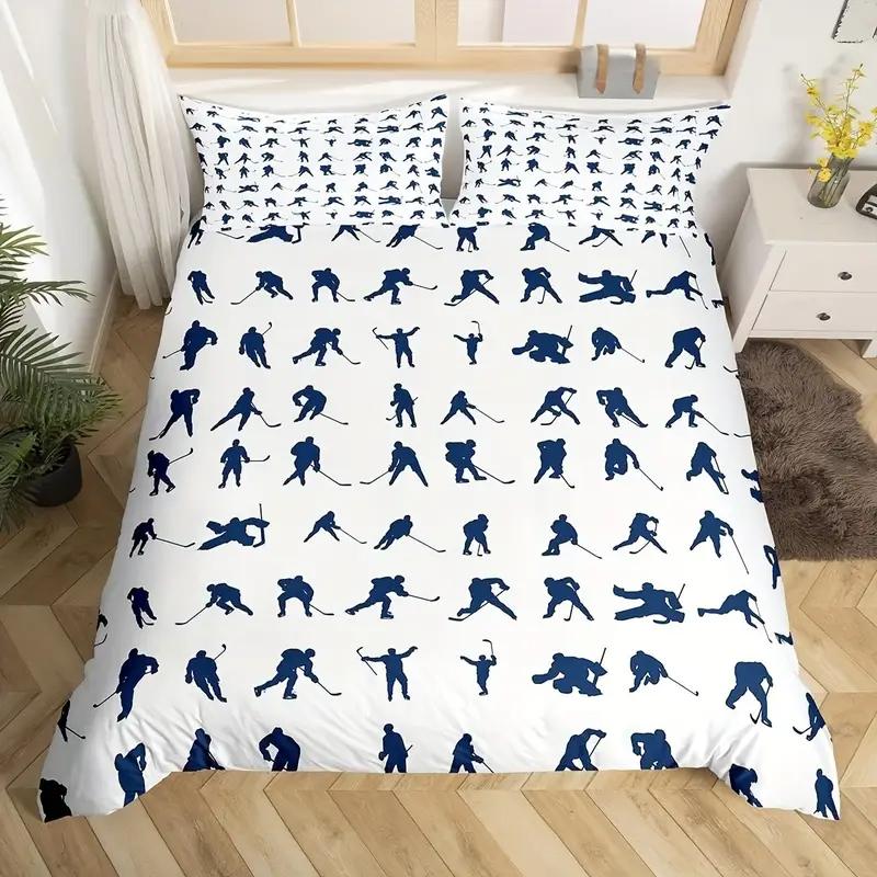 Hockey Player Duvet Cover Set Sports Theme Breathable Polyester Bedding Digital Print Machine Washable