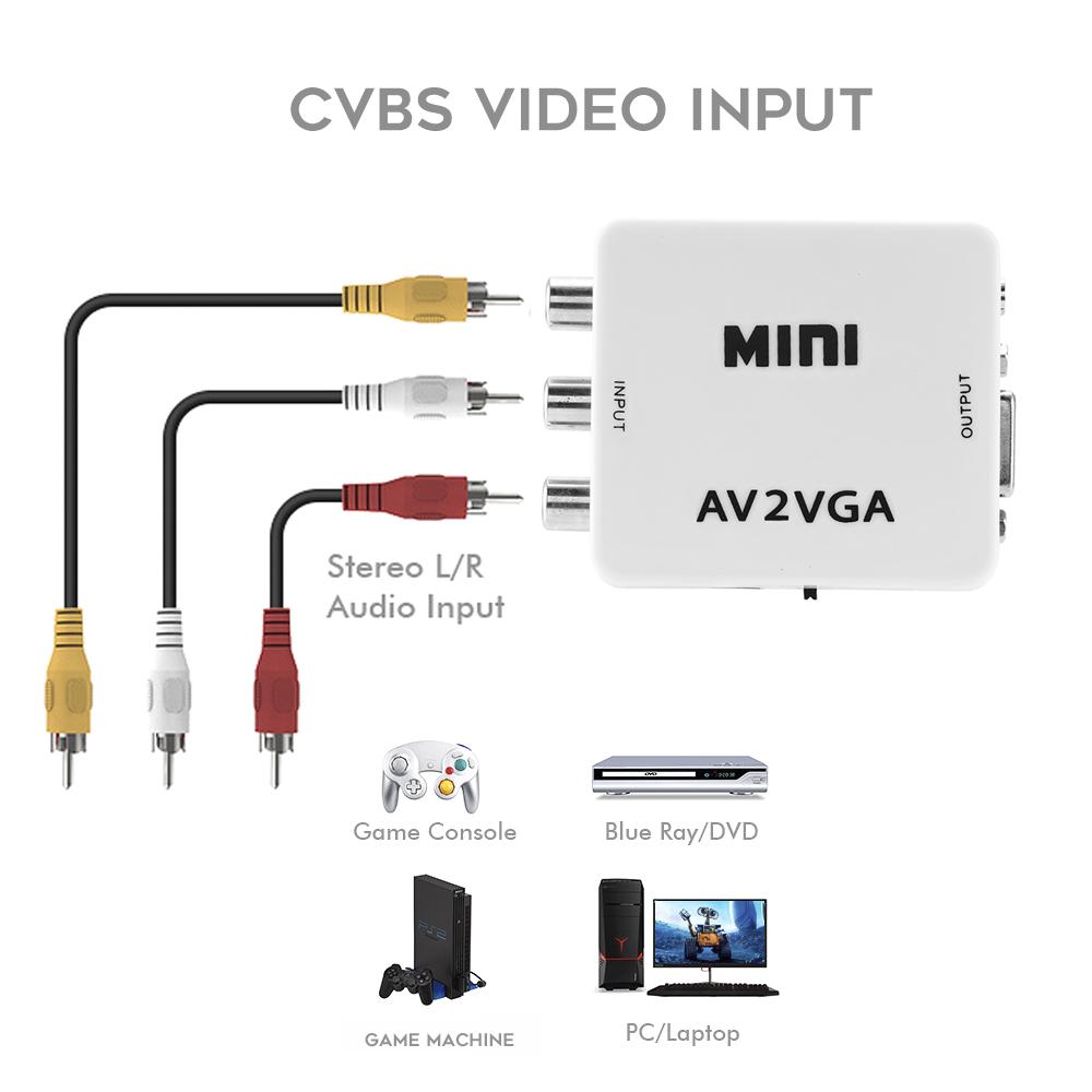Převodník videa HD RCA CVBS AV na VGA Konvertor videa Mini AV2VGA převodník videa s 3,5 mm zvukem na PC HDTV