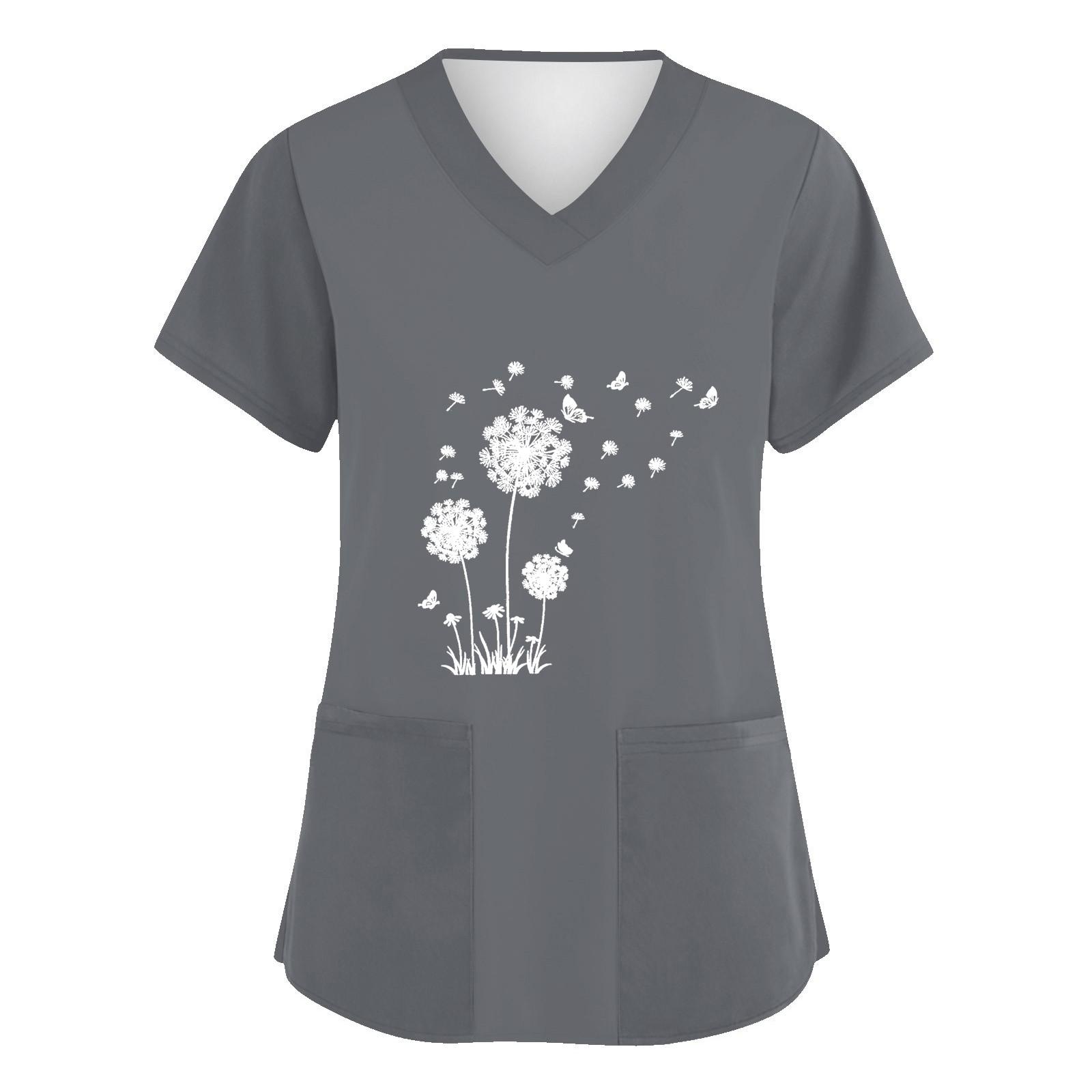 Women s Fashion V-neck Short Sleeve Workwear With Pockets Printed Tops S