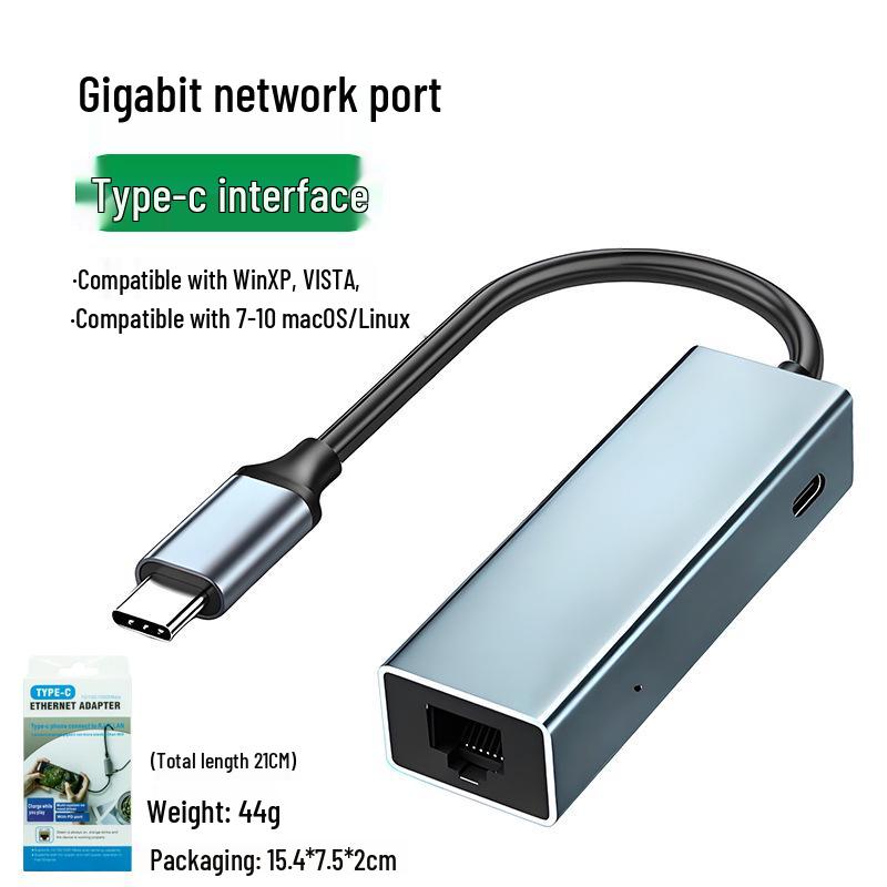 Dual-Head USB Type-C To RJ45 Gigabit Network Card, 100M/1000, Driver-Free