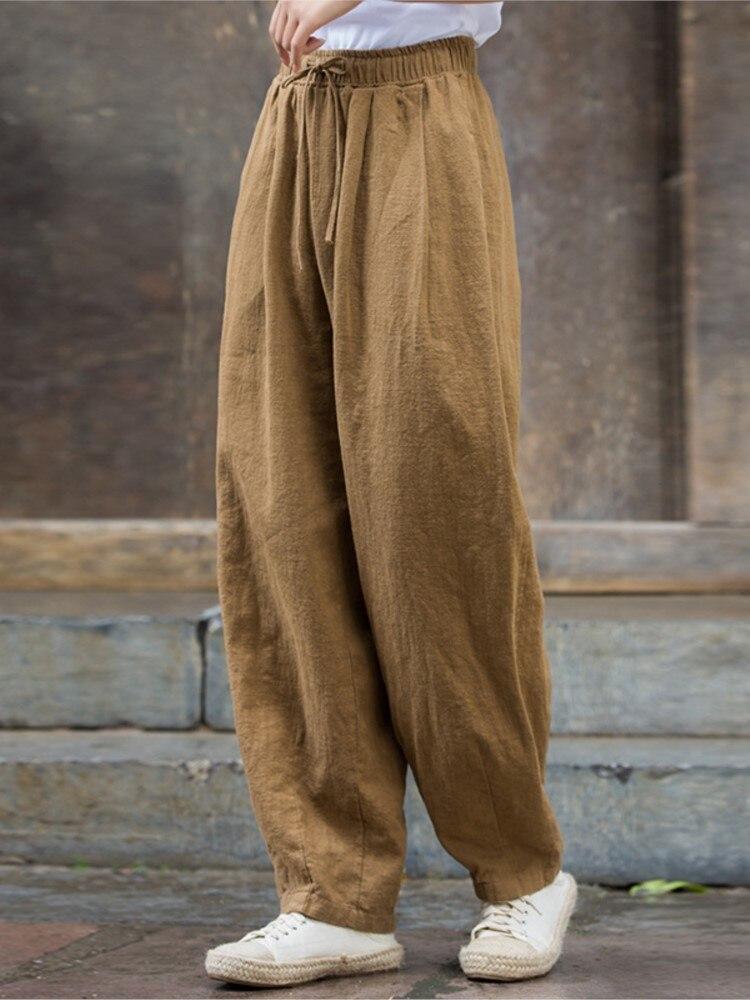 Johnature Women Vintage Elastic Waist Straight Pants Pockets Belt Solid Color Autumn Loose Casual Linen Women Pants