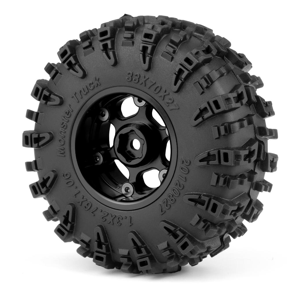 RCMAZO 4-Piece 1.3" Beadlock Wheel and Tire Set, 70mm Rubber Crawler Tires and 1.3" Aluminum Beadlock Wheel Hubs for 118 TRX4M, 124 SCX24, and FCX24