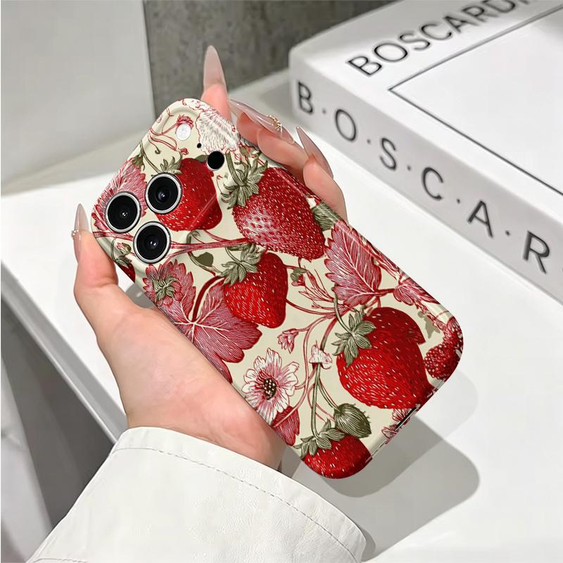 Antique Botanical Strawberry Floral Sketch Print Graphic Art Film Aesthetic Protective Shockproof Bumper Phone Case For iPhone 14 15 16 Pro Max Plus