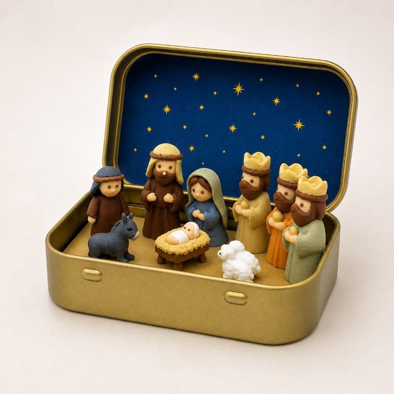 Pocket Mini Nativity Figurine Set with Metal Box, Portable Christian Desktop Christmas Ornament Souvenir