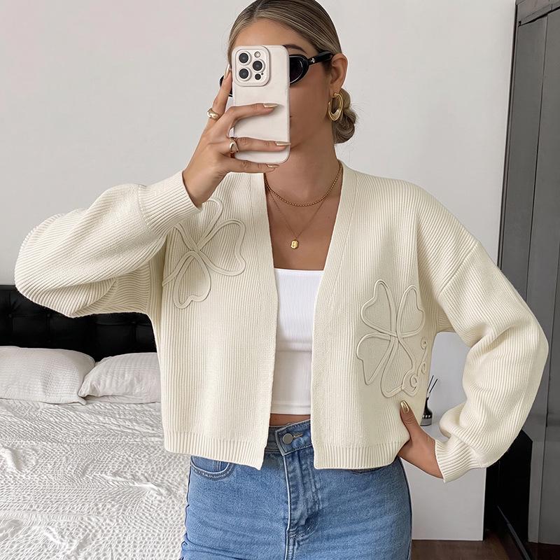 Cardigan de Malha Bordado Cor Sólida Minimalista TikTok Europa Outono/Inverno 2026