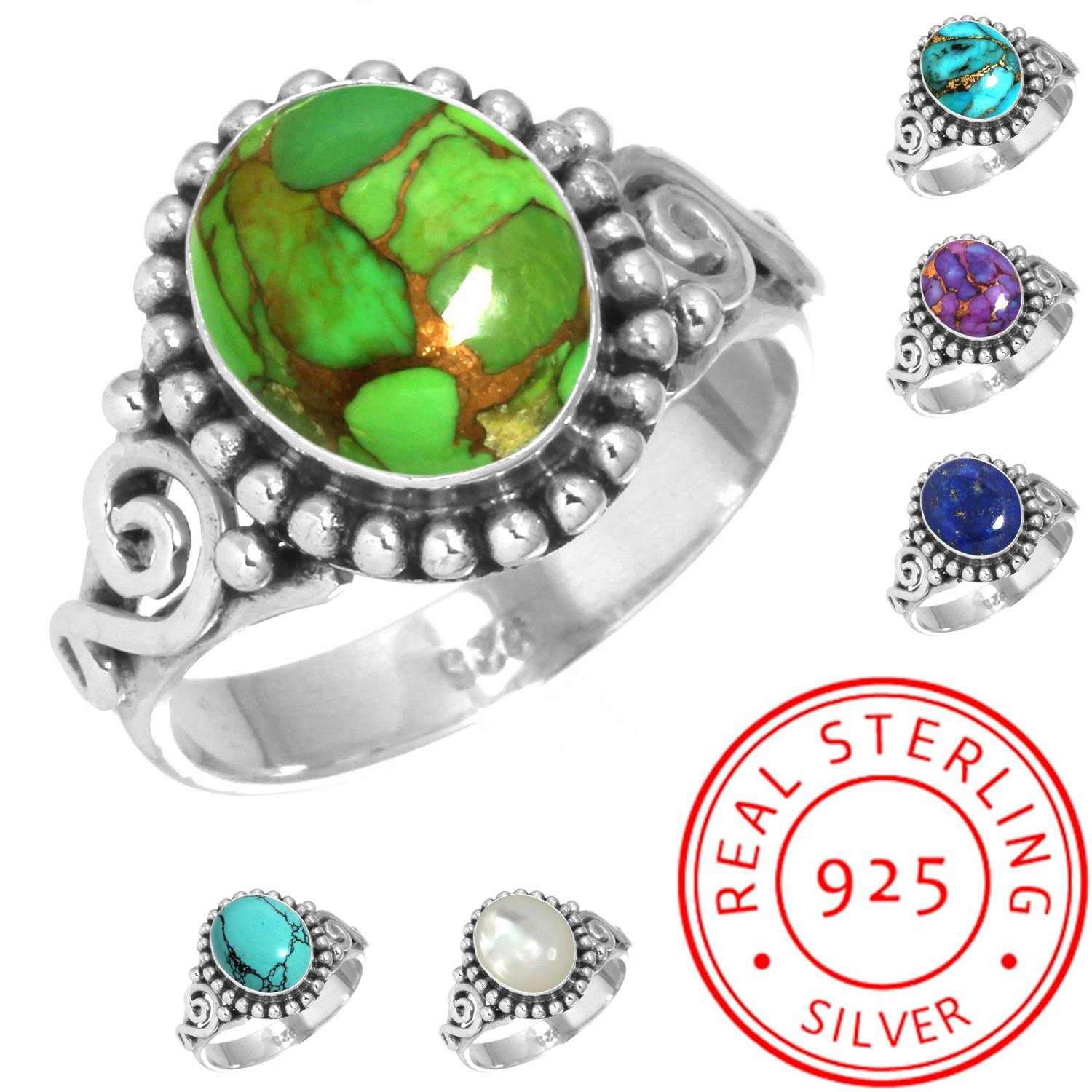 

925 Sterling Silver Ring Women Gemstone Handmade Jewelry Thanksgiving Gift Blue Green Purple Copper Turquoise Pearl Lapis Mother Of Pearl Statement 8 мать жемчужного
