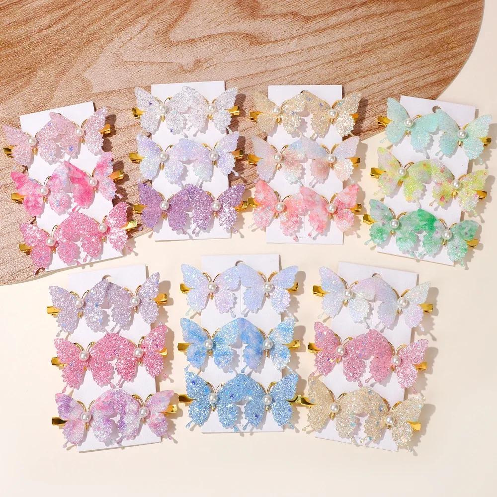 6Pcs Korean Style Sequin Butterfly Hair Clip Pearl Metal Bow Hair Bangs Hairgripes Women Girl Fashionable Hair Accessories