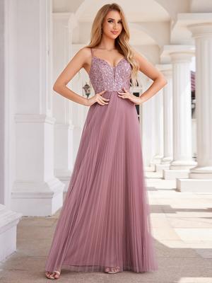 Vestidos de noche de tul con cintura alta, sin mangas, escote en V y lentejuelas transparentes para mujer Ever-Pretty