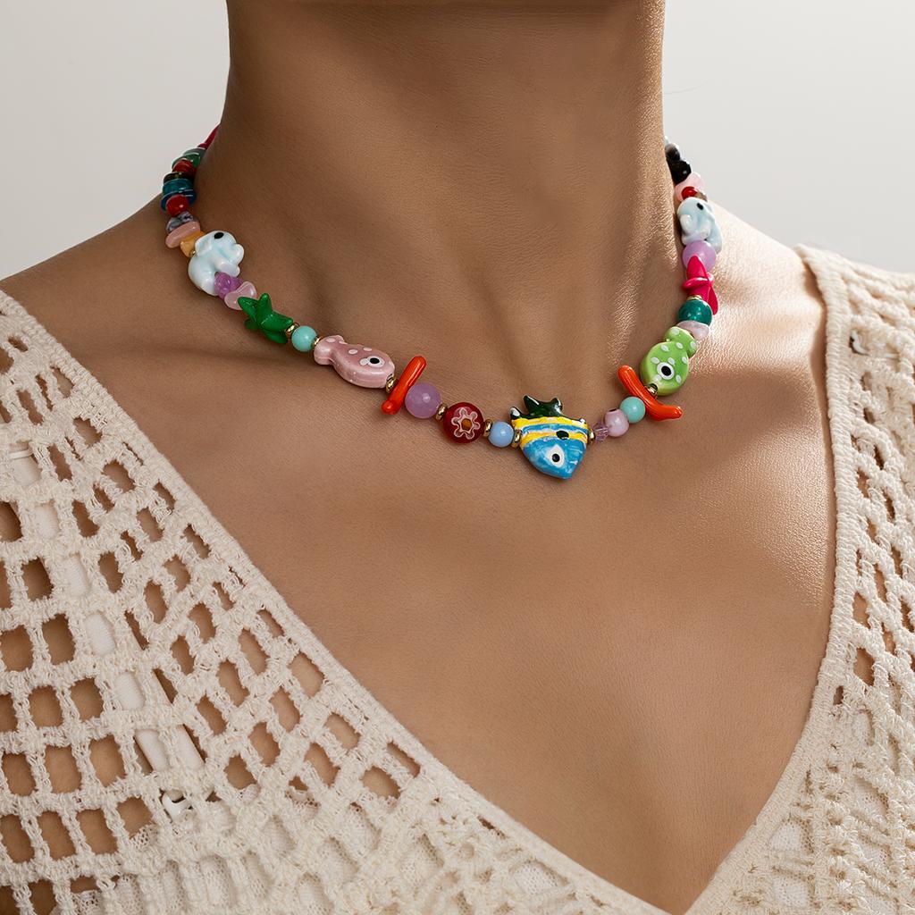 Beach Wind Ocean Elements Ceramic Small Fish Elephant Red Coral Sea Turtle Pendant Colorful Beaded Necklace