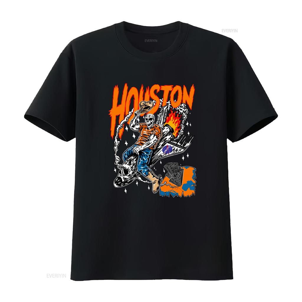 Skeleton Driving Rocket T Shirt Houston Basketball Fan Streetwear Style Round Neck vintage Washed Casual Stylish Breathable
