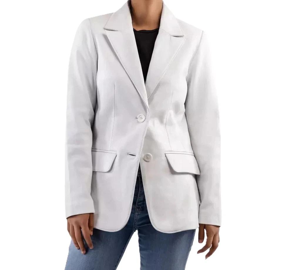 Lambskin Genuine Stylish Formal Office Fit Handmade Leather White Women's Blazer