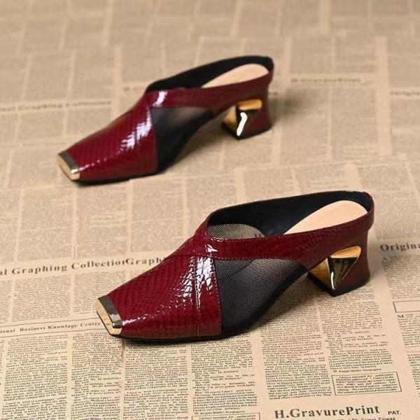 Fashion Rivet Low Shoes Med Woman's Slippers Square heel Pointed Toe Slides Heeled Mules 2025 Block Cover High Fabric Pumps Rome Rubber