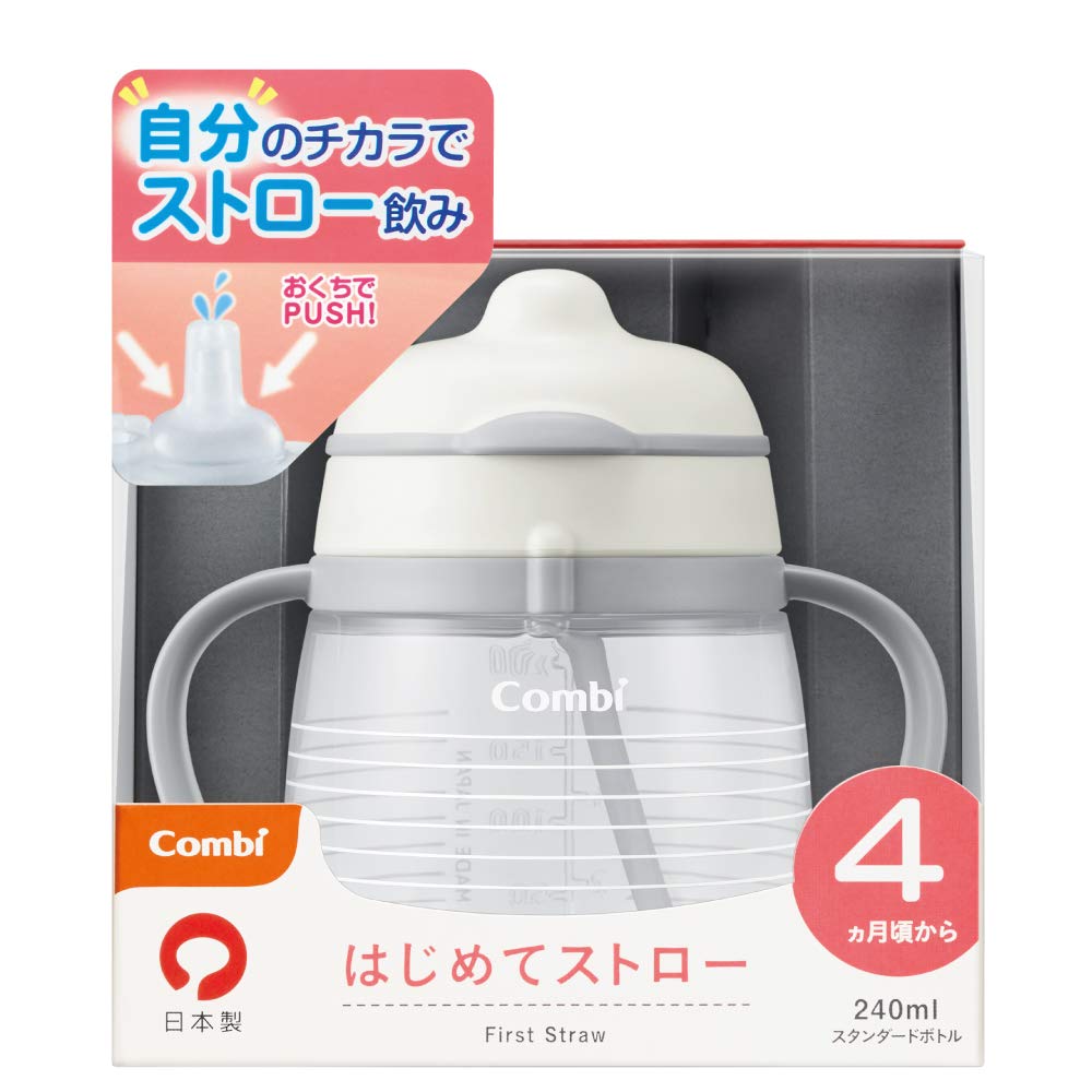 Combi Rakumug First 240ml Straw, Border, White,