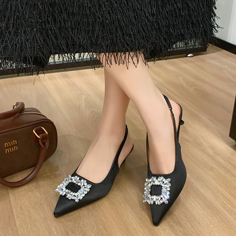 Fashion New Beige Heeled Sandals Clear Shoes Women's Black Rhinestone Medium Pointed Closed New Spring Gladiator Girls Zapatos Mujer