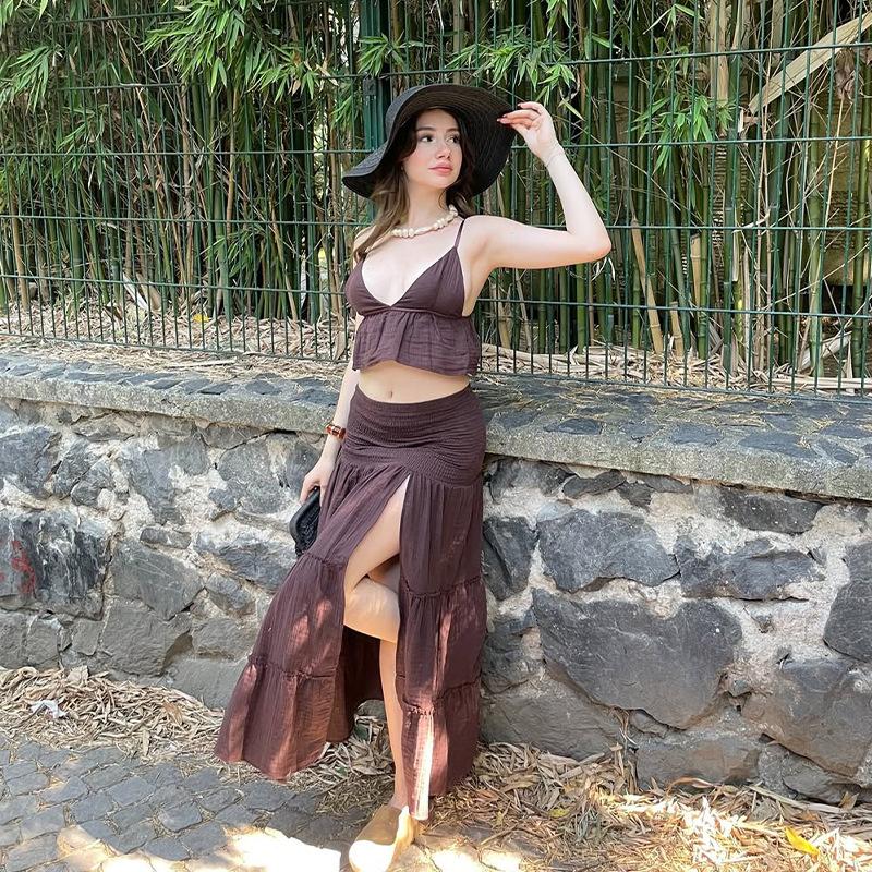 Europe, America, Amazon cross-border women s clothing new solid color sleeveless V-neck suspender top split-ended long skirt casual suit XS темно-коричневого