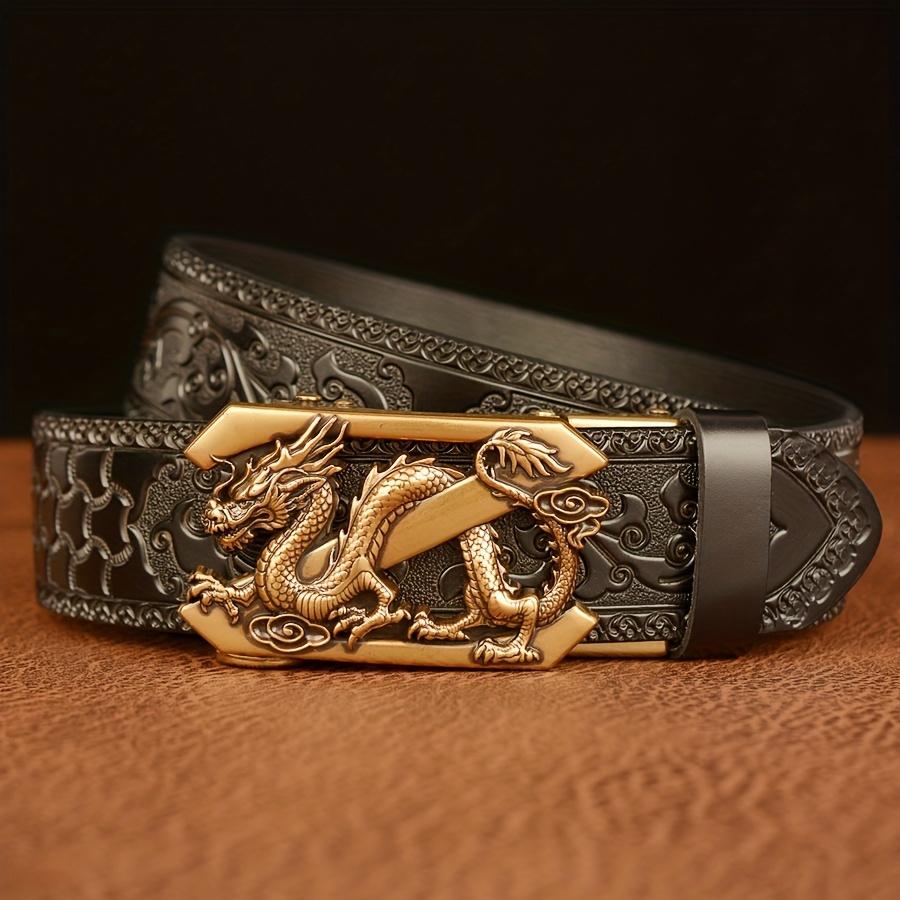 

Men Vintage Automatic Buckle Belt Genuine Leather with Golden-Tone Dragon & Floral Embossed Design Black Casual Belt for Jeans 130cm