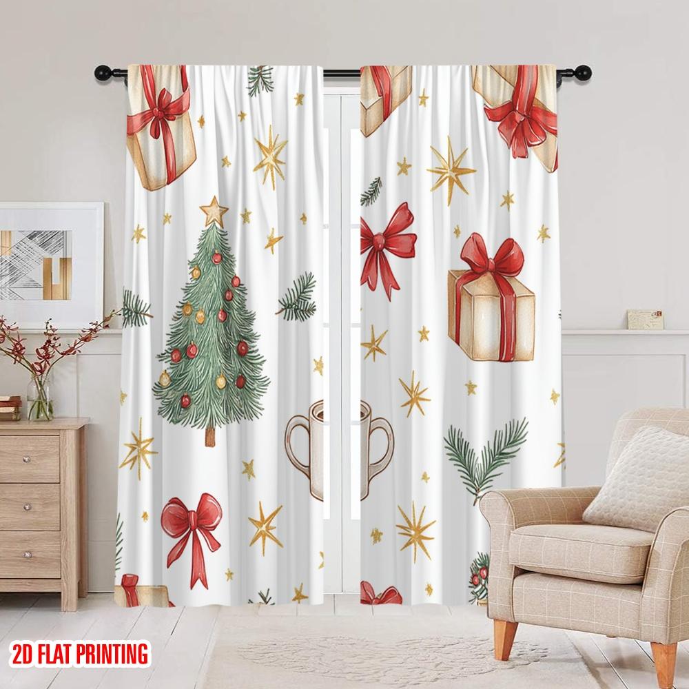 2pcs  2D plane printing Creative Curtains Christmas Tree Bow Gift Snowflakes Versatile Fabric (without rod) Decorations Outdoor