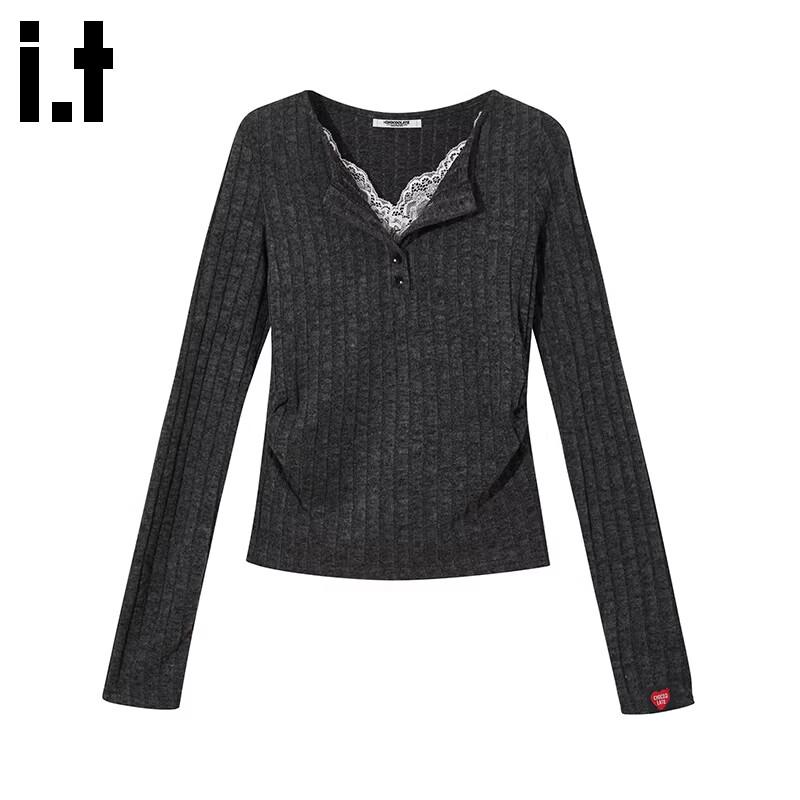 :CHOCOOLATEit Women s Korean Style Faux Two-Piece V-Neck Lace Knit Top S