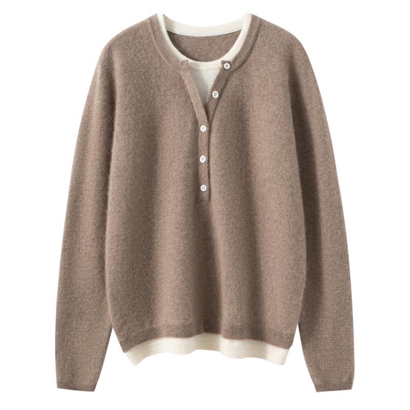 Stylish Women's Faux Two-Piece Cashmere Knit Sweater - Loose, Slimming, Versatile Pullover