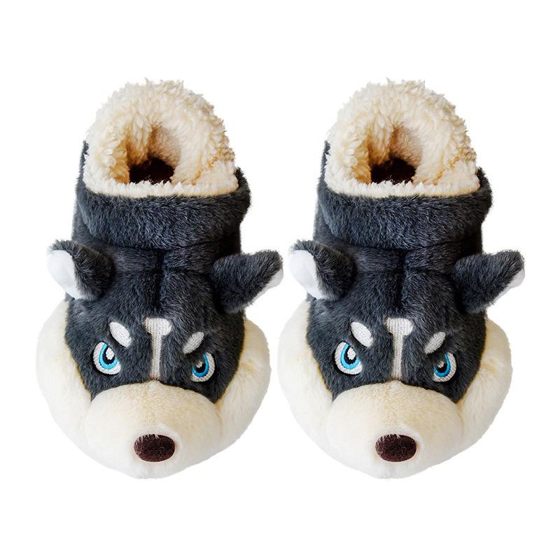 Fashion New Unisex Husky Cartoon Slippers Winter Plush Lined Anti-Slip Indoor Home Shoes Warm Comfortable Couples Fuzzy House Booties
