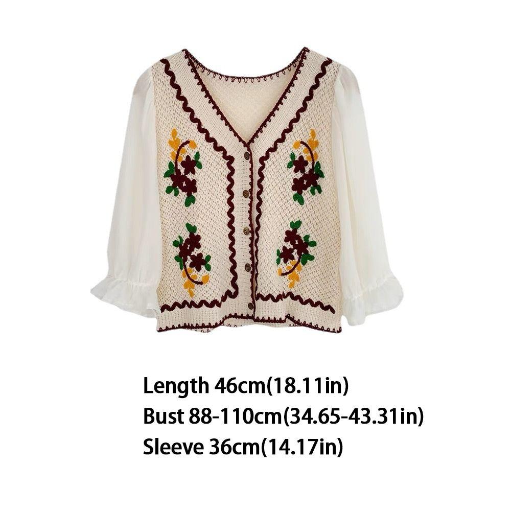 Flower Embroidery Chiffon Sleeve Shirts Button Front Short Top New Crochet Blouse  Women
