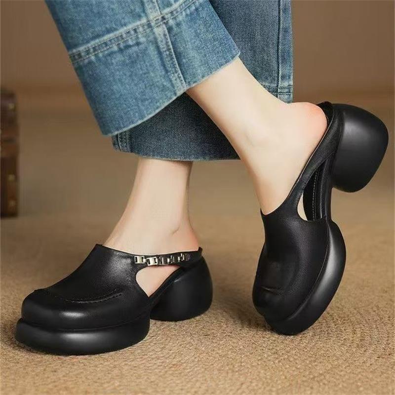 Baotou Thick-soled Sandals for Women Wearing Soft Leather Thick Heels and Half Drags 2025 New Summer Temperament Metal Buckle High-heeled Slippers