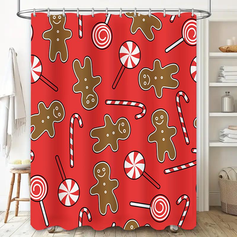 Holiday Gingerbread Candy Shower Curtain Set for Christmas Bath Decor Red Plaid Pattern Bathroom Accessories Home Improvement