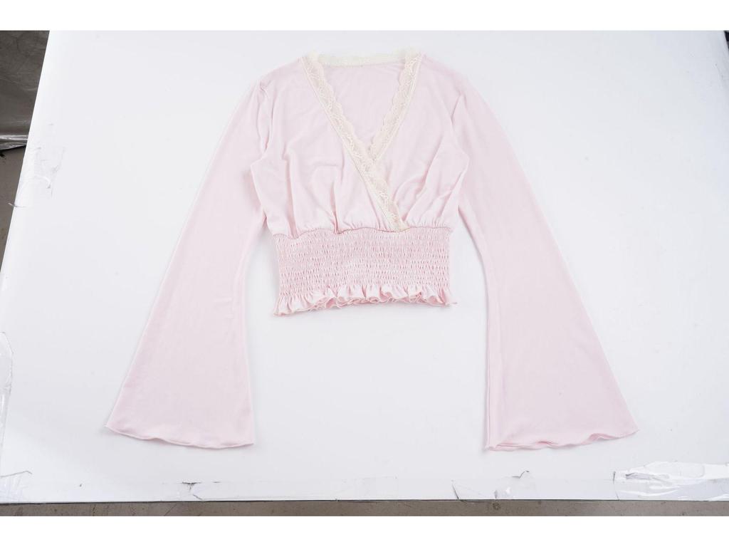 Spicy Girl Pink Lace Patchwork Ruched V-Neck Base Shirt