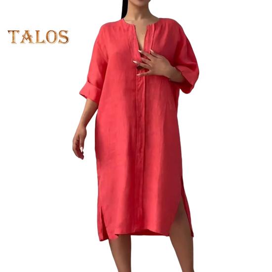 Robe mi-longue ample à col en V et manches trois-quarts pour femme, couleur unie, ourlet fendu, boutons décoratifs, tenue quotidienne décontractée
