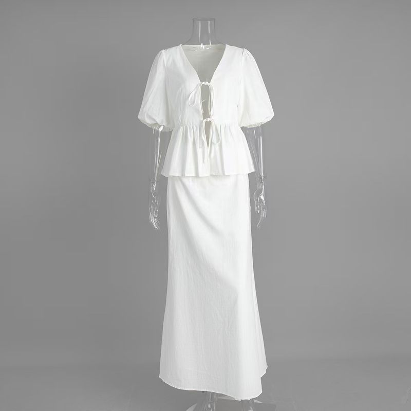 

Fashion New Arrival Fashion Puff Sleeve Shirt Skirt Suit Lace up Shirt and Shirt Set White S