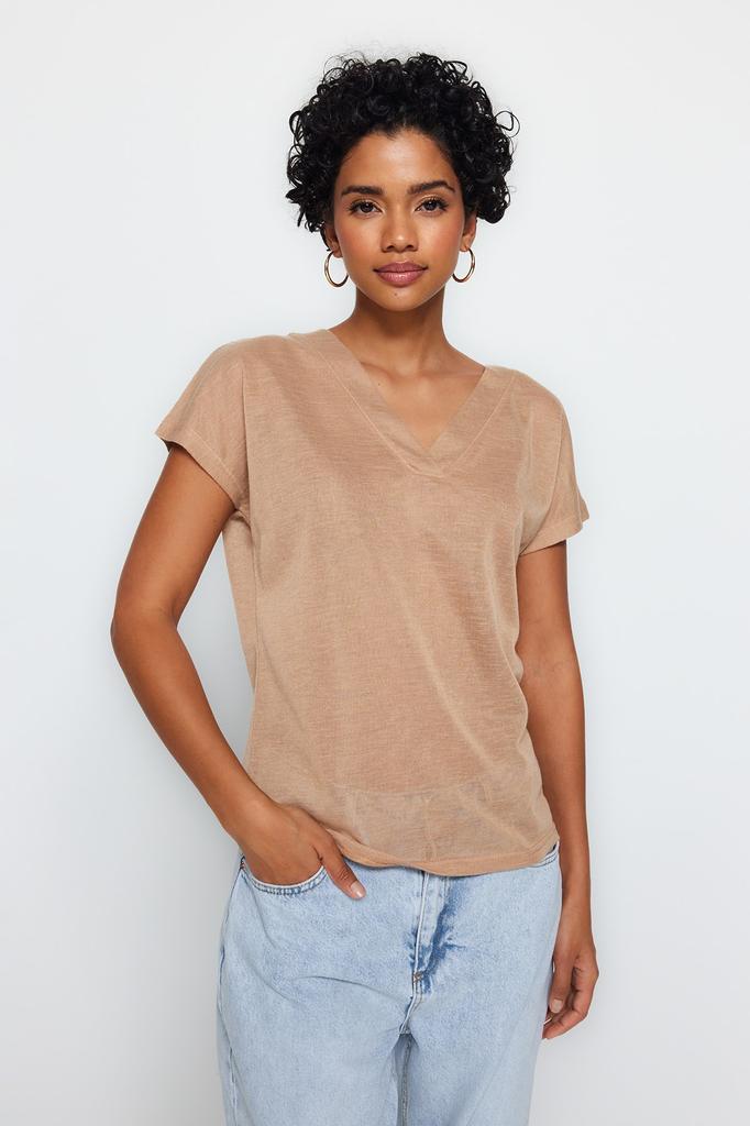 Women's Fashion T-Shirt V-Neck Long Ecru Premium V-Neck Cotton Regular Normal Fit Knitted Knitted T-Shirt