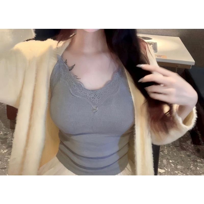 

Плюс-размер Милая красотка сексуальный V-образный вырез кружевной жилет халтер с базовым нижним бельем поверх топа без рукавов Fat Sister 4XL