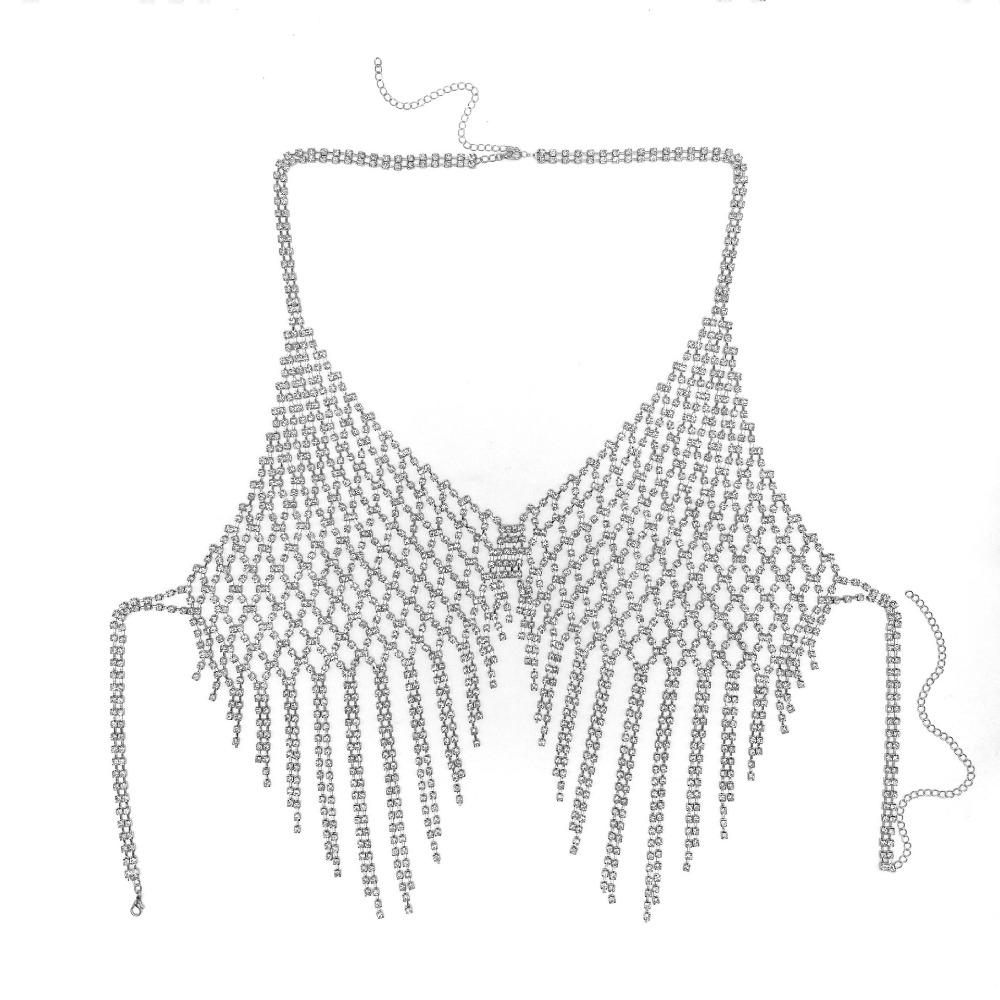 Luxury Mesh Tassel Bra Chain for Crop Top Sparkling Crystal Lingerie Body Chain Jewelry  Women