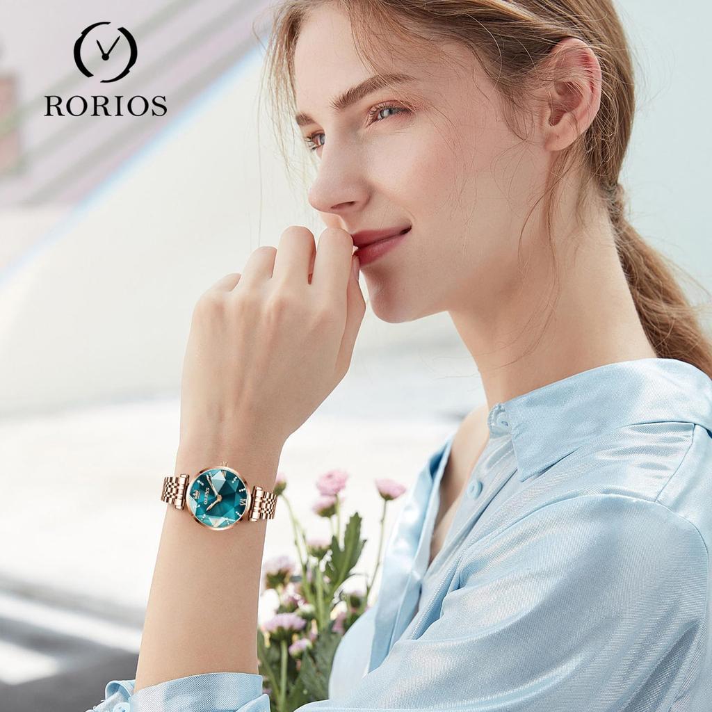 RORIOS Made In 3D Flower Stainless Steel Green Women's Watch, Cute, Waterproof, Japan, Glitter, Dial, Band, Casual, Quartz, Work/School Watch,