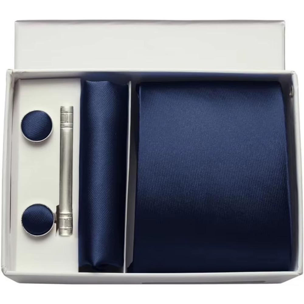 Mens Silk Tie 8Cm Solid Red Blue Necktie Handkerchief Cufflinks Gift Box Set Formal Ties For Man Workplace Business Wedding Gift
