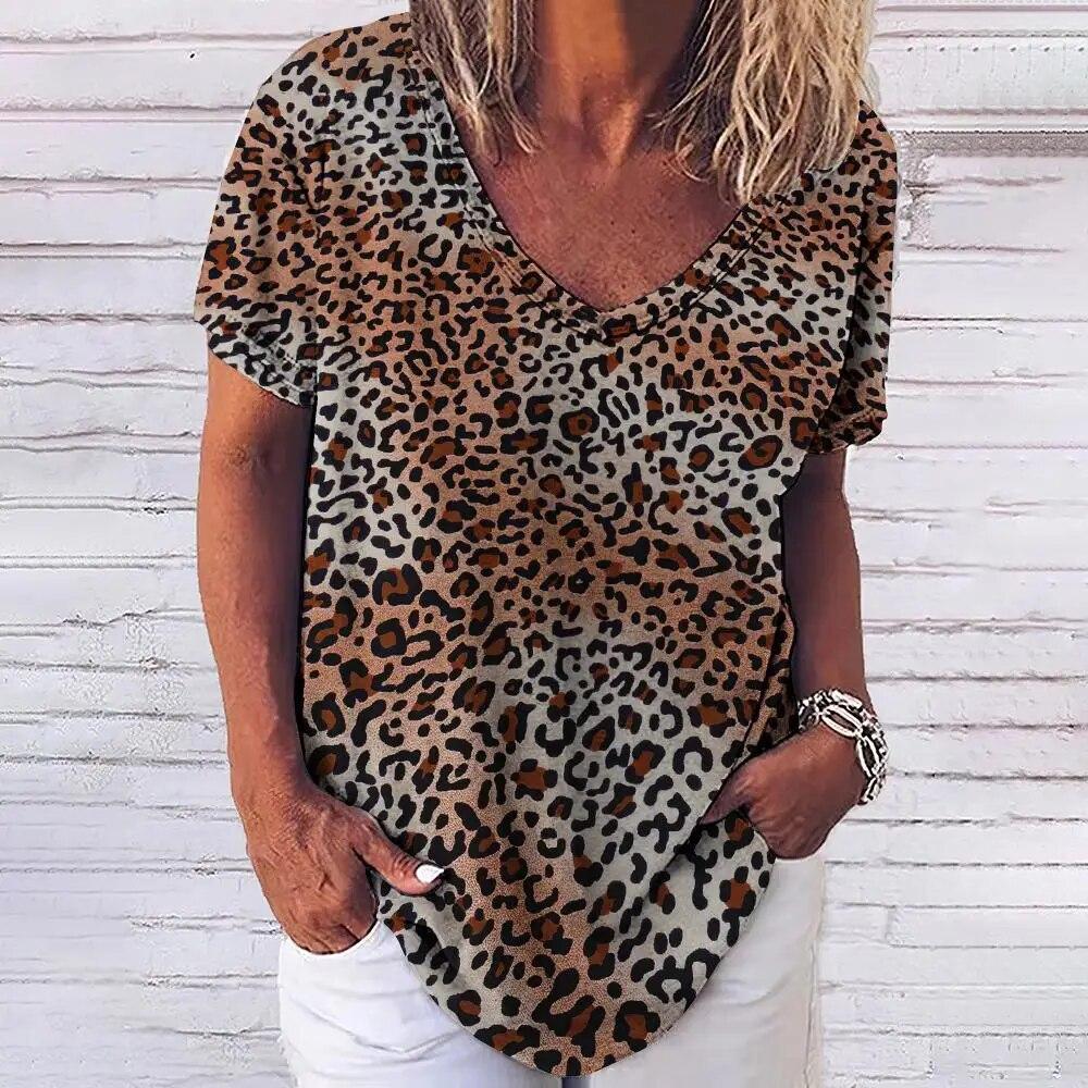 Dámske vintage tričko s leopardím vzorom Sexy dámske oblečenie V-výstrih Oversized krátky rukáv Letná voľná blúzka Bežné Streetwear