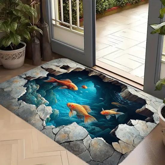 3D Optische Illusion Teppich Realistischer Fischteich Bereichsteppich Waschbar Goldfischteich Fußmatte Rutschfest