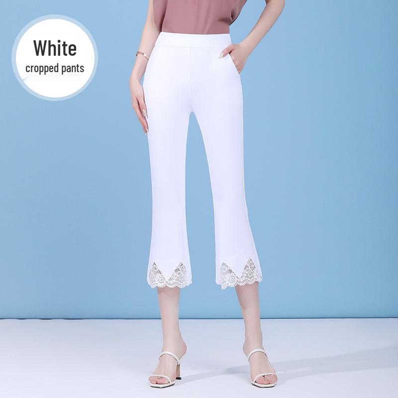 

Женские брюки клеш с высокой талией и кружевом - Белые, Эластичные, Большого размера, Слим-фит, Повседневные, Тонкие, Длиной семь восьмых, Летний стиль XXL