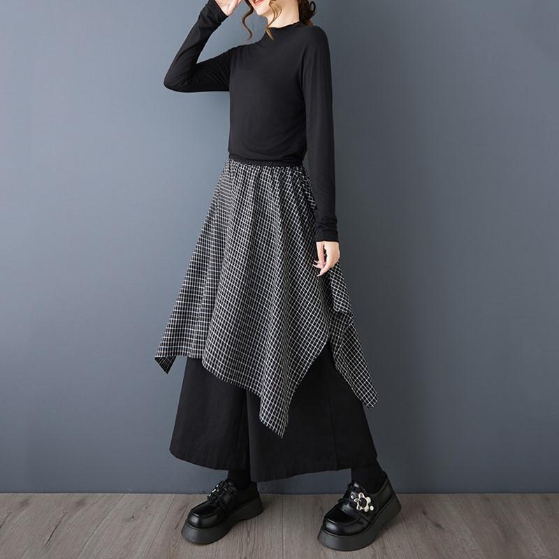 Black plus size vintage plaid Spring Autumn High Waist wide leg Skirt Pants Women Loose Casual Trousers