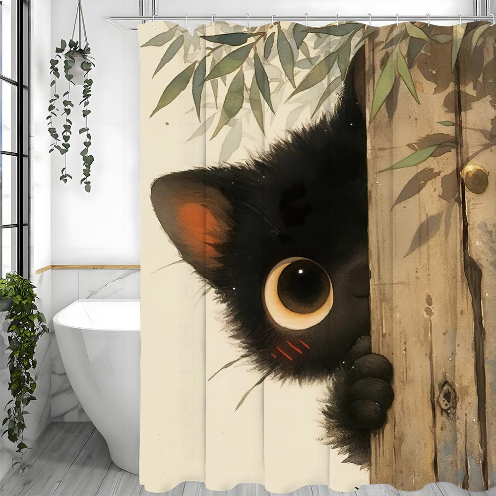 Cute Black Cat Shower Curtain Peeking From Wood Door Bamboo Leaves Design Animal Lover Decor Whimsical Bathroom Art