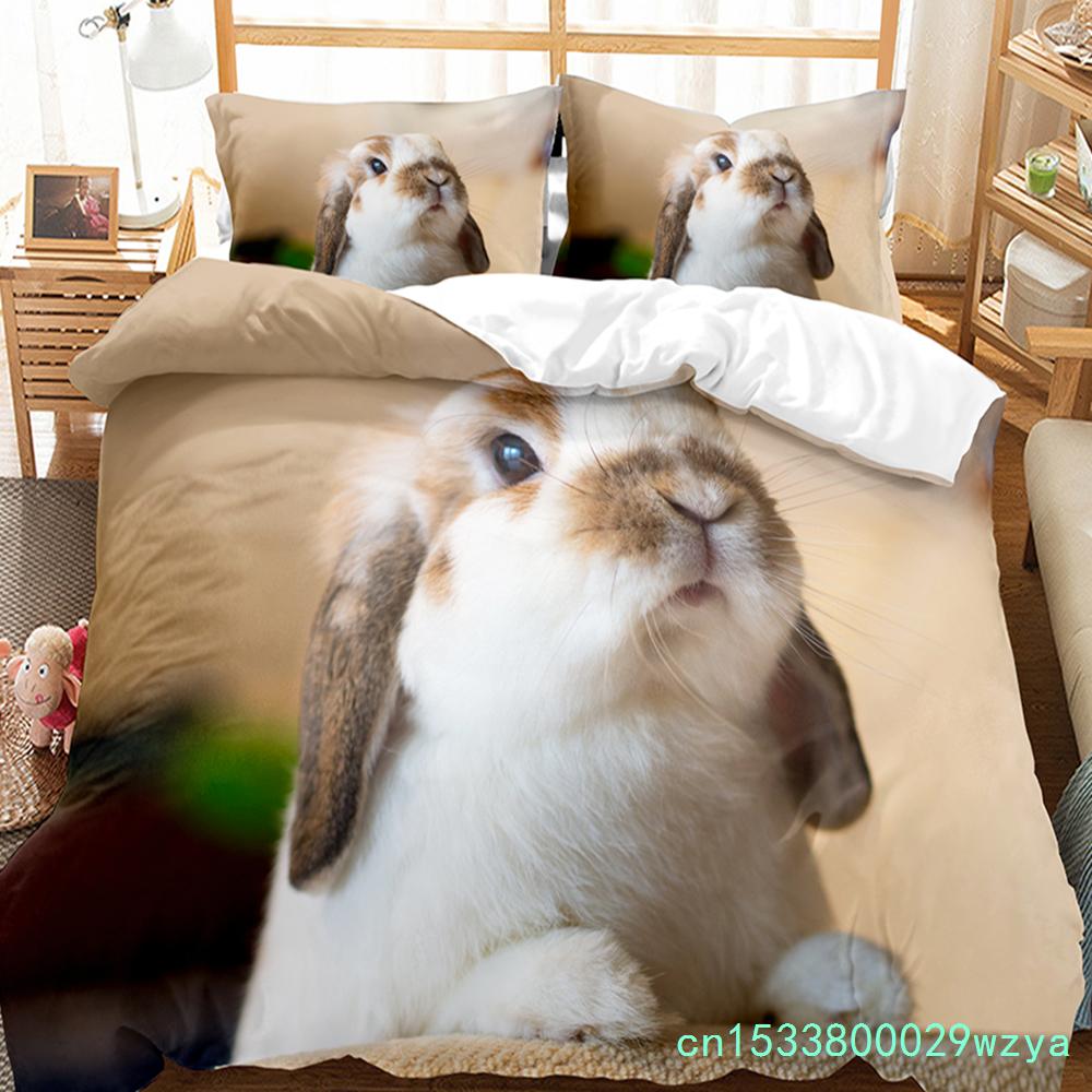 Cute Rabbit Duvet Cover Set Animals Polyester Comforter Cover King Queen Size For Kids Boys Girls Bedding Set With Pillowcase
