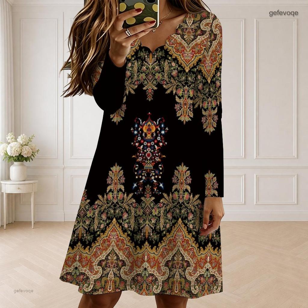 Women Plus Size Scalloped V Neck Long Sleeve Black Printed Dress