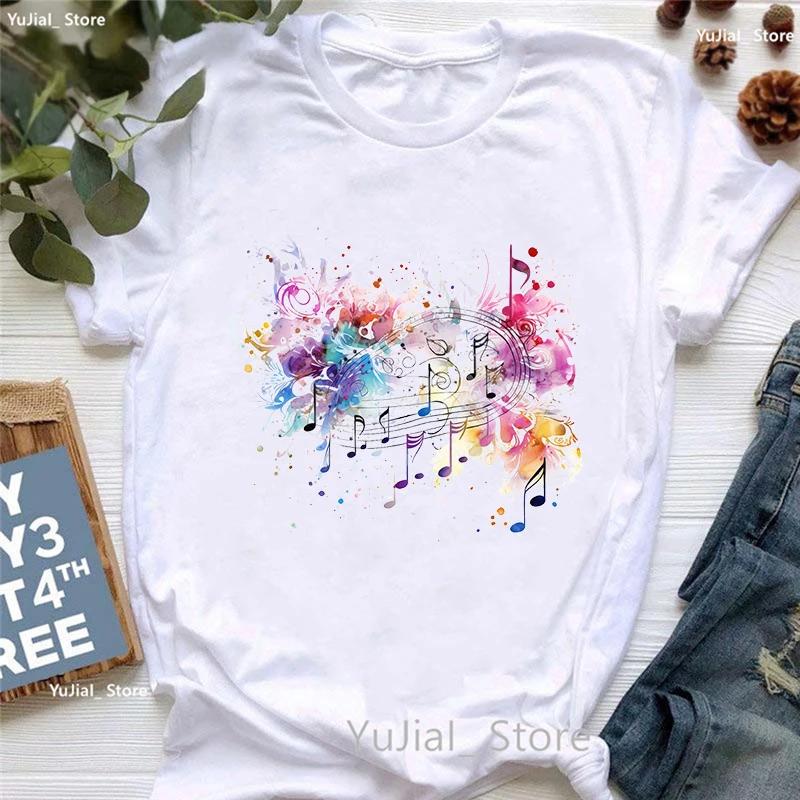 Watercolor Music Note Flowers Print T Shirt Girls Summer Fashion Tshirt Womem Hip Hop Tshirt Femme Harajuku Shirt Streetwear